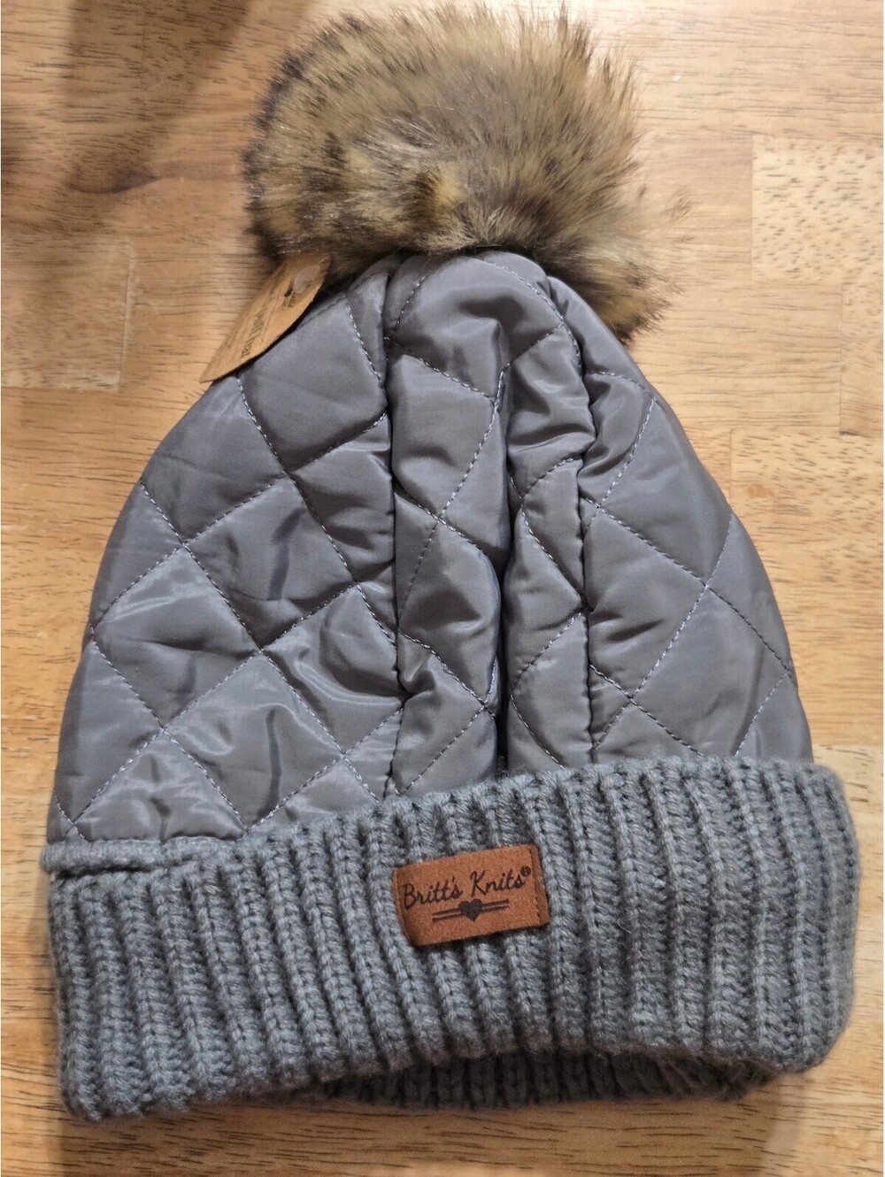 Britt's Knits Quilted Grey Beanie Hat with Faux Fur Pom Pom
